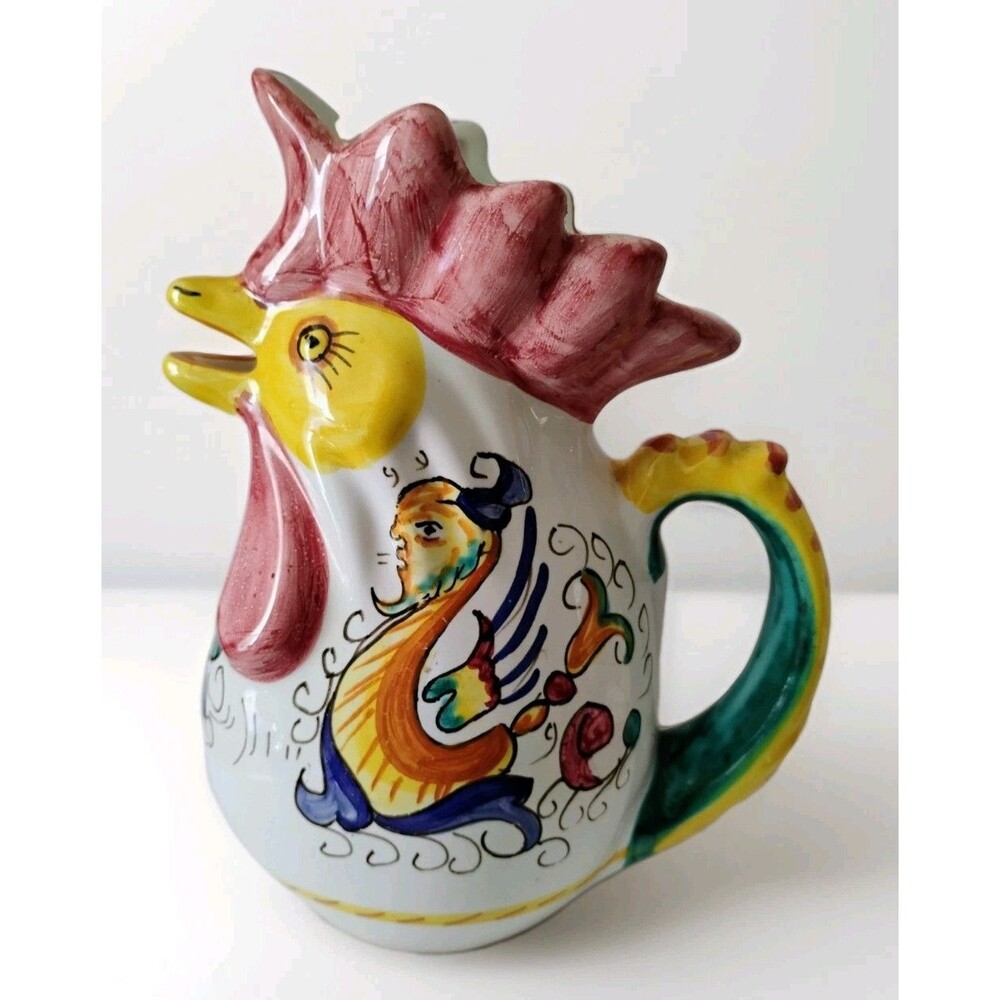 Vintage Deruta Style Rooster Mini Pitcher 8" Hand Painted Italy Raffaellesco